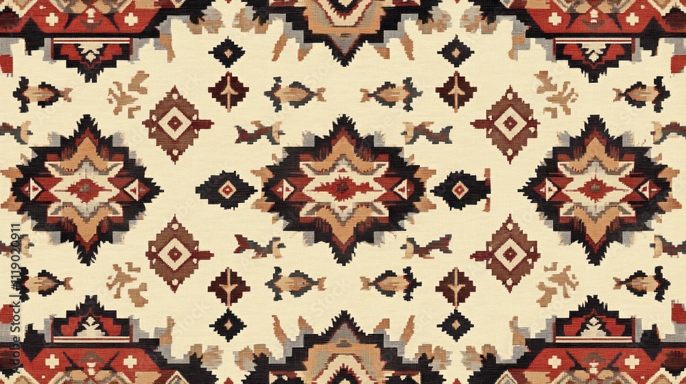 A repeating Aztec tribal pattern with earthy tones of red, brown, and beige, featuring geometric shapes and symbols.. A repeating Aztec tribal pattern with earthy tones of red, brown, and beige, featuring geometric shapes and symbols..