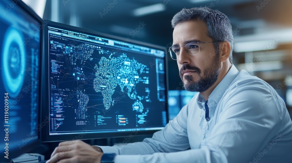 Obraz premium Professional Man Analyzing Data On Multiple Computer Screens