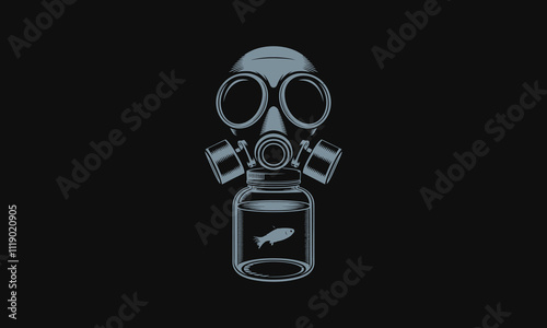 Gas mask and fish in jar concept vector illustration.