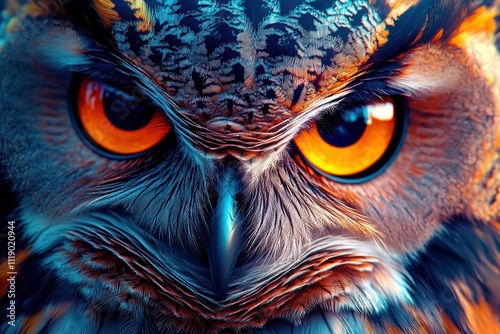 Hyper-realistic Owl Portrait with Vibrant Colors and Dramatic Shadows in Abstract Digital Paint photo