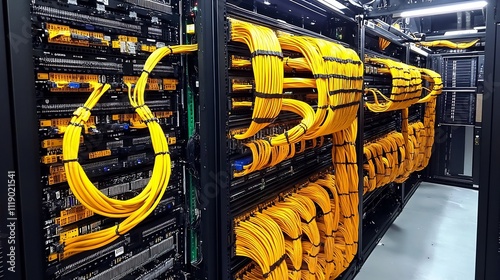A Stunning View of Organized Yellow Network Cables in a Modern Data Center