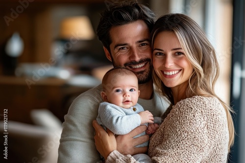 Joyful parents embracing their newborn daughter in a cozy living room photo