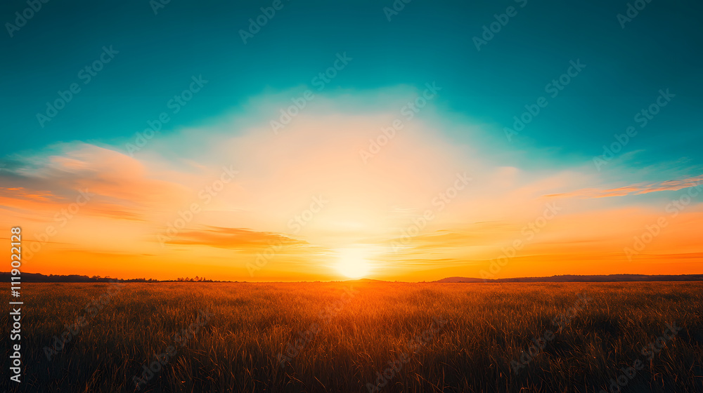 A vibrant sunset over a tranquil landscape, with warm orange and cool blue hues blending beautifully in the sky A vibrant sunset over a tranquil landscape, with warm orange and cool blue hues blending beautifully in the sky