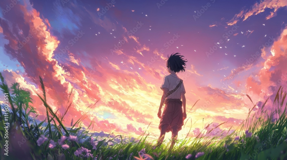 Boy gazes at vibrant sunset over field. Boy gazes at vibrant sunset over field.
