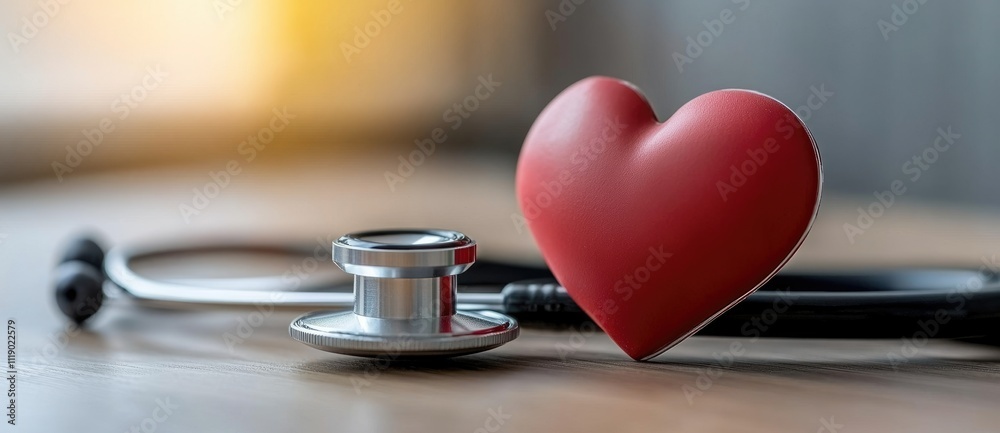 Health awareness, heart stethoscope featured on a World Health Day banner, importance of cardiovascular health, with ample copy space for promoting wellness initiatives, preventive care. Health awareness, heart stethoscope featured on a World Health Day banner, importance of cardiovascular health, with ample copy space for promoting wellness initiatives, preventive care.