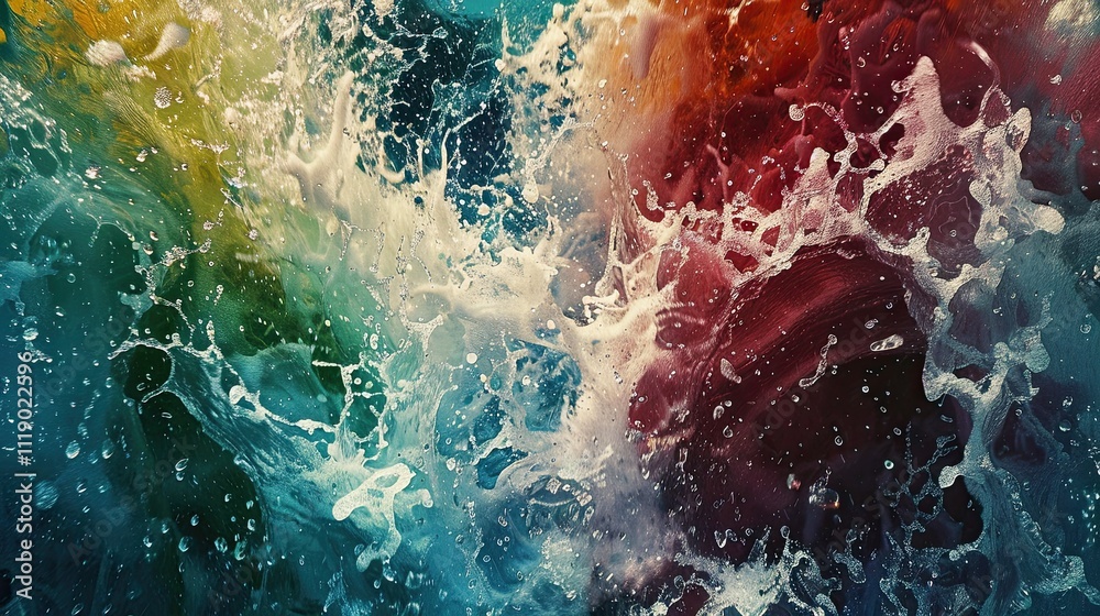 Abstract swirling mix of teal, gold, and crimson water splashes.