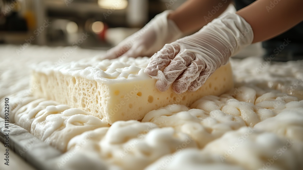 The process of dry cleaning an old mattress with foam applied to absorb cleaning chemicals The process of dry cleaning an old mattress with foam applied to absorb cleaning chemicals