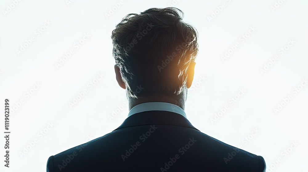 The silhouette of a businessman in a suit is isolated on a white background, creating a strong and anonymous image The silhouette of a businessman in a suit is isolated on a white background, creating a strong and anonymous image