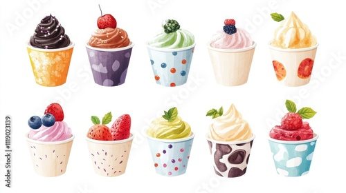 Summer ice cream collection with colorful flavors in paper cups, isolated on white background