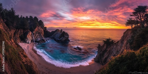 A wide-angle shot of the ocean crashing against a rugged cliff, with a vibrant sunset sky filled with dramatic orange, pink, and purple colors reflecting on the water.