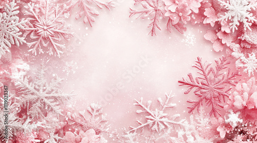 Delicate snowflakes falling gracefully within a pink frame symbolizing purity tranquility and winter's charm a banner design blending serene snowfall with a vibrant contemporary aesthetic photo