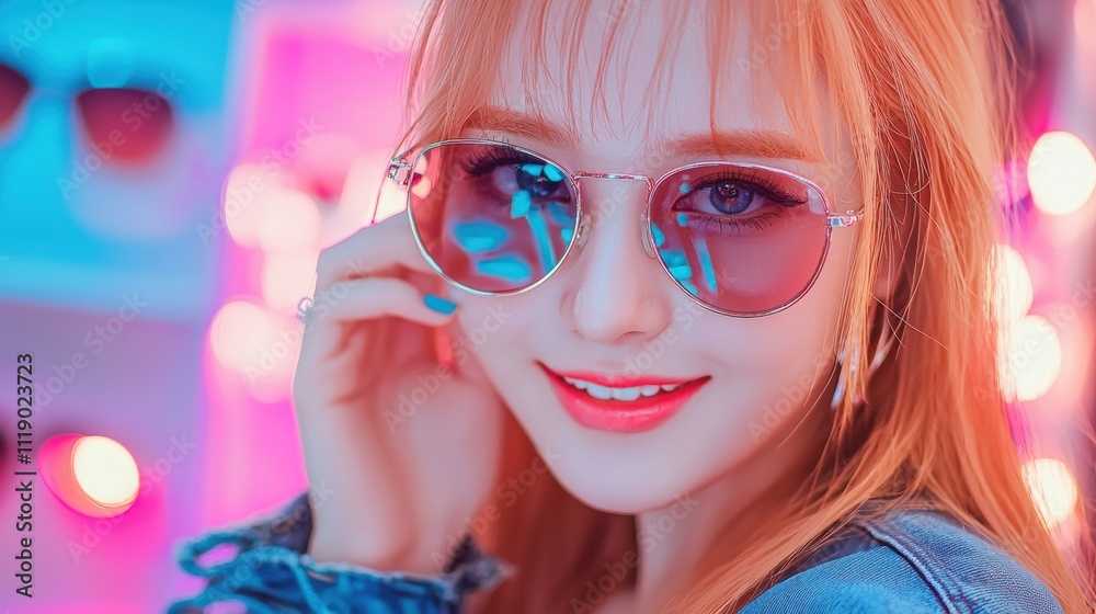 Portrait of a smiling young woman with sunglasses in neon lights vibrant urban setting close-up Portrait of a smiling young woman with sunglasses in neon lights vibrant urban setting close-up