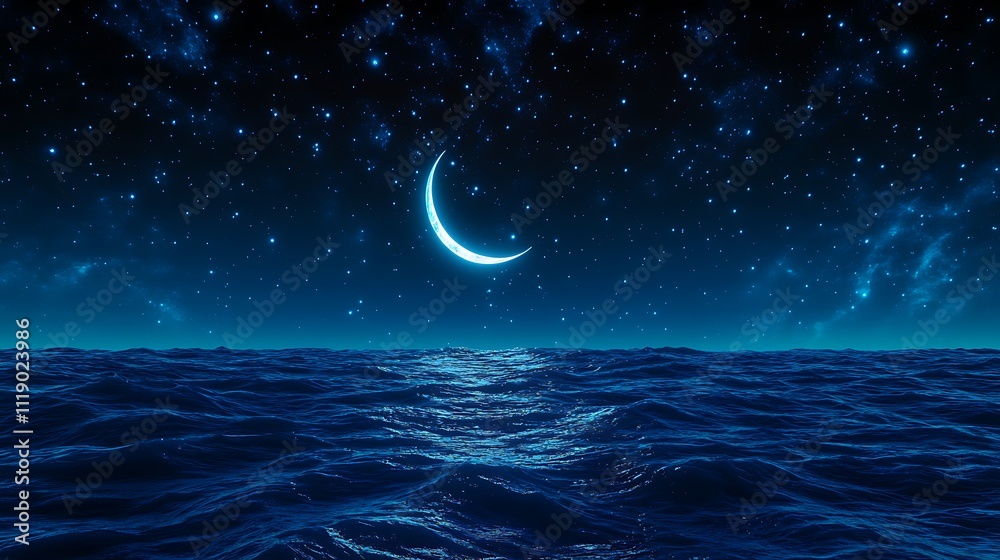 Fototapeta premium A Stunning Crescent Moon Rising Over the Calm Ocean Waters at Dusk