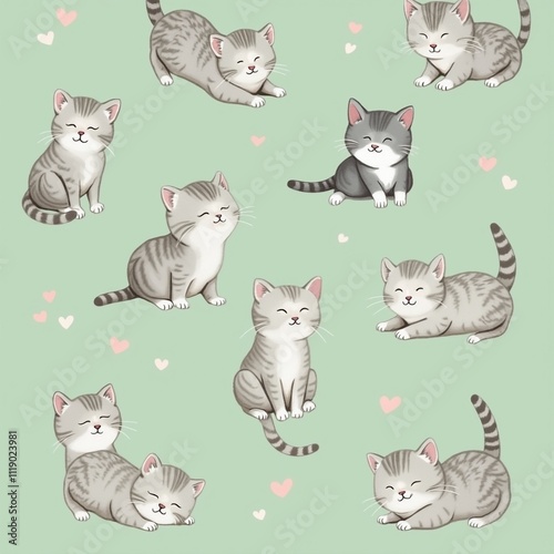cute cartoon cats, seamless pattern, pastel colors, kawaii style, green background,