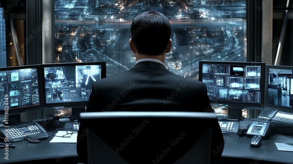Man in Suit Monitors City Night View From Control Room Man in Suit Monitors City Night View From Control Room