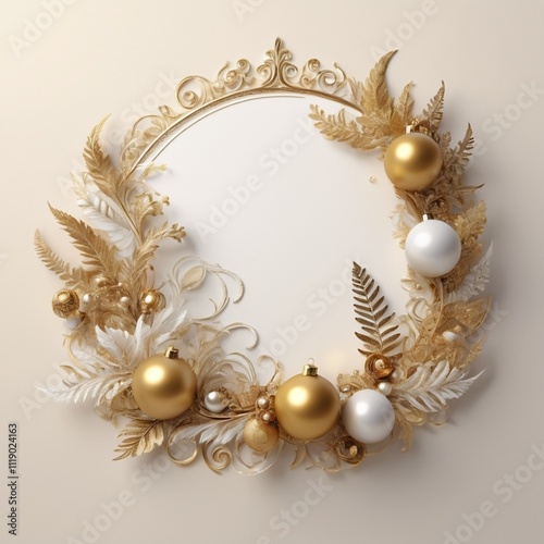 Christmas wreath, elegant design, gold and white decoration, intricate detailing, festive theme, ornate leaves, 