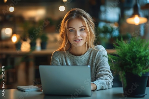 young woman working intently on laptop in modern office with indoor plants and soft natural lighting