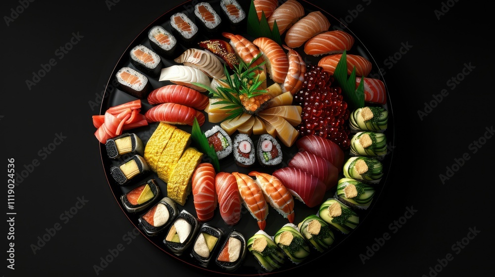 Fototapeta premium Delicious assorted sushi platter, various types of rolls and nigiri, arranged artfully on a black round tray.
