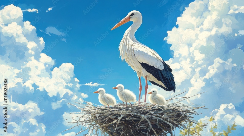 Fototapeta premium White stork family on nest against a vibrant blue sky with fluffy clouds.