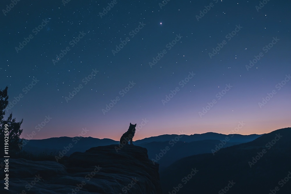 Dog Silhouetted Against Starry Night Sky Over Mountain Range at Dusk Dog Silhouetted Against Starry Night Sky Over Mountain Range at Dusk