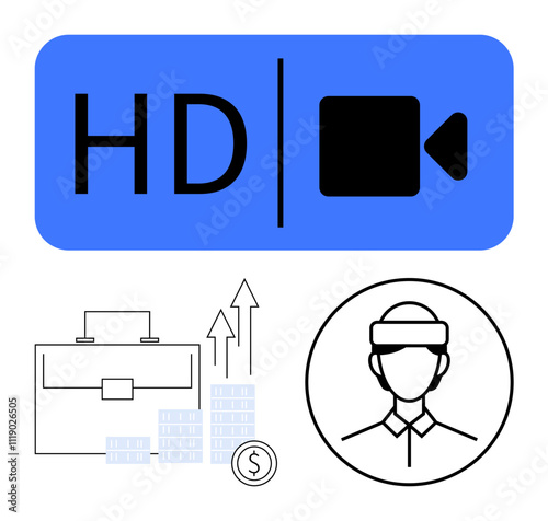HD video icon, business briefcase with rising bar chart and dollar sign, male figure wearing VR headset. Ideal for business, finance, virtual reality, technology, digital communication, education