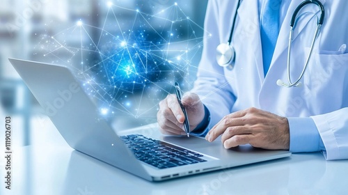 Healthcare Professional Using Laptop with Digital Medical Interface