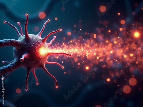 Virus emitting a stream of red particles in a dark environment
