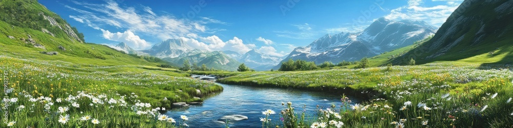 Serene Mountain Valley Stream Wildflowers Meadow Serene Mountain Valley Stream Wildflowers Meadow