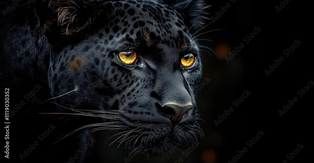 Obraz premium Close-up Portrait of Black Leopard with Piercing Yellow Eyes on Dark Background