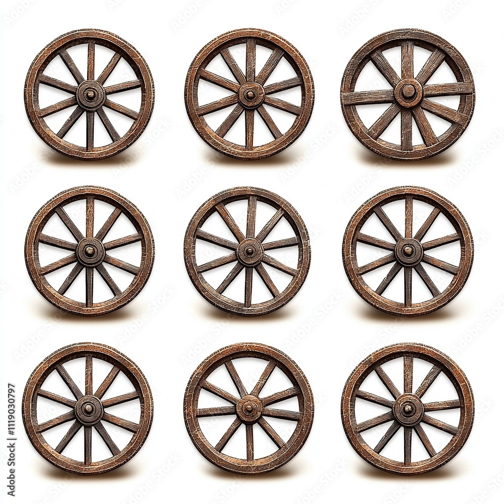 Nine Rustic Wooden Spoke Wheels, Arranged in a Grid Pattern Nine Rustic Wooden Spoke Wheels, Arranged in a Grid Pattern