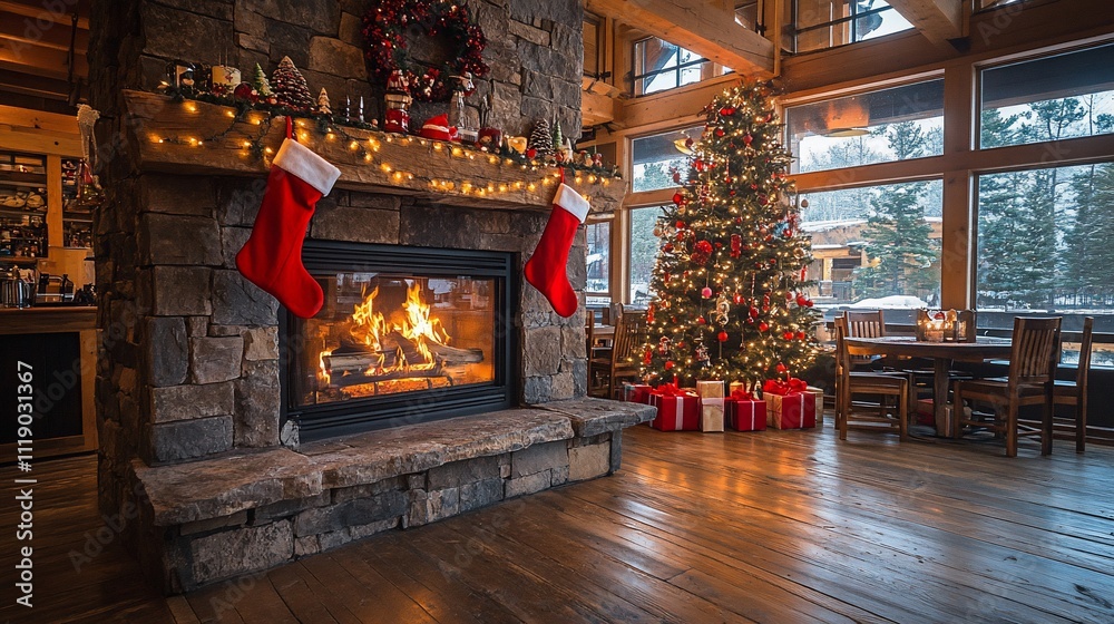 Cozy Christmas fireplace and decorated tree in rustic cabin. Cozy Christmas fireplace and decorated tree in rustic cabin.
