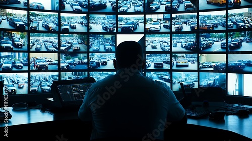 Security Officer Monitoring Traffic Flow On Multiple Screens