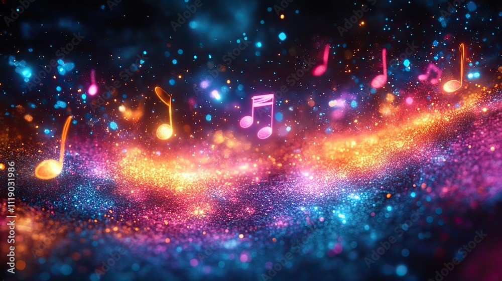 Vibrant cartoon explosion with musical notes and sparkles in blue, pink, and purple Vibrant cartoon explosion with musical notes and sparkles in blue, pink, and purple