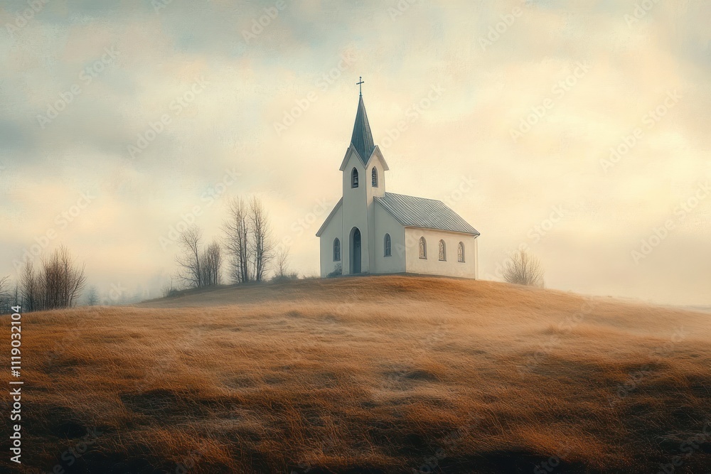 Naklejka premium Serene White Church on Hill in Spring Landscape Iceland