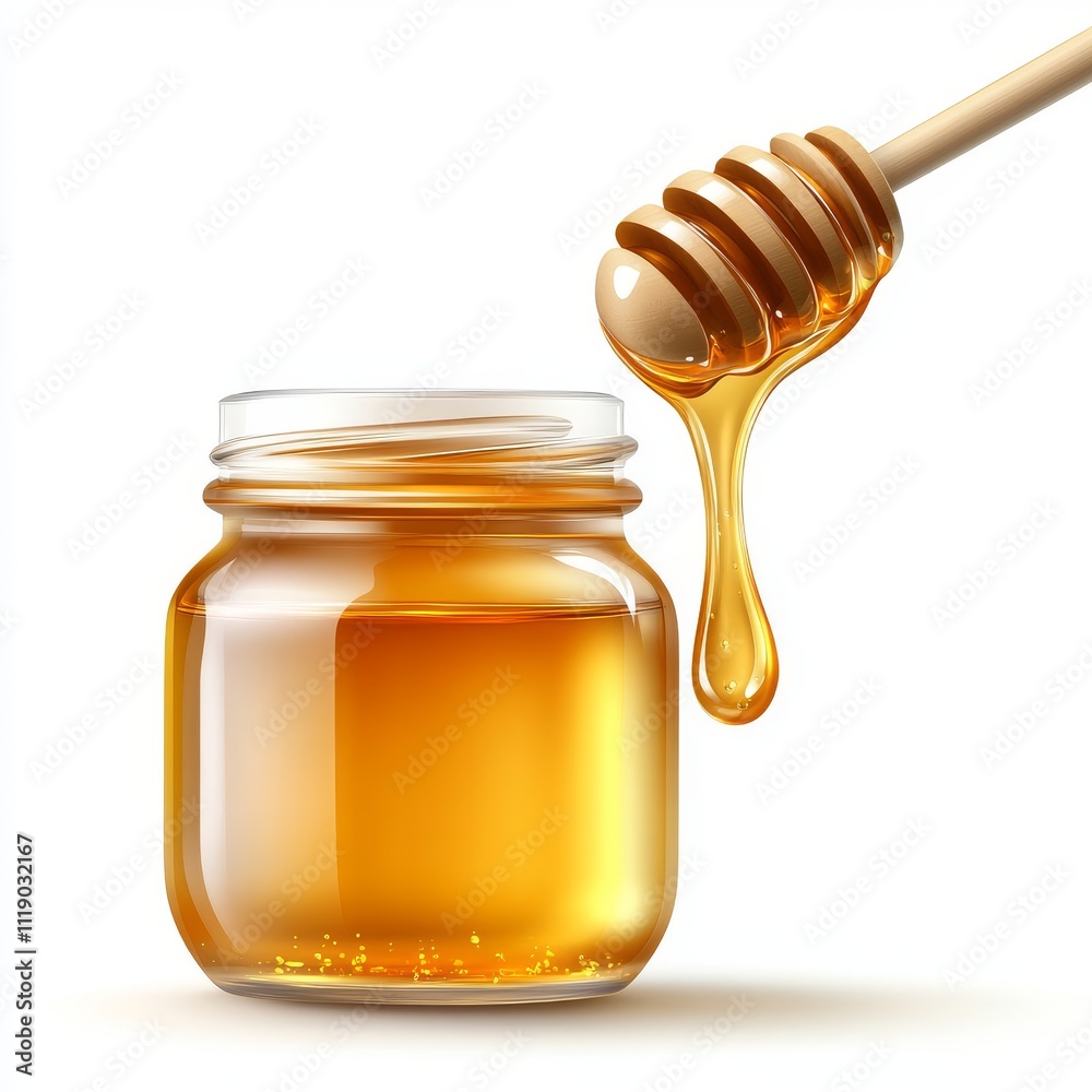 Golden Honey in Jar with Dripping Spoon against Clean Background Golden Honey in Jar with Dripping Spoon against Clean Background