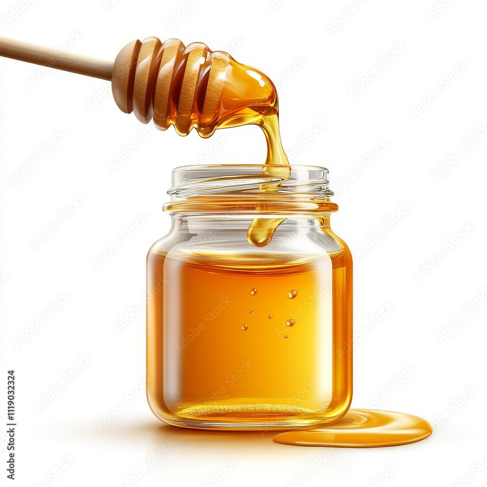 Sweet Honey Dripping from Wooden Dipper into Jar on White Background Sweet Honey Dripping from Wooden Dipper into Jar on White Background