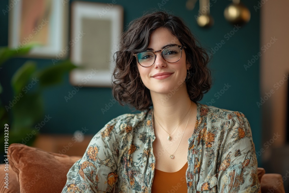 Confident Young Woman in Stylish Home Setting with Natural Light Confident Young Woman in Stylish Home Setting with Natural Light