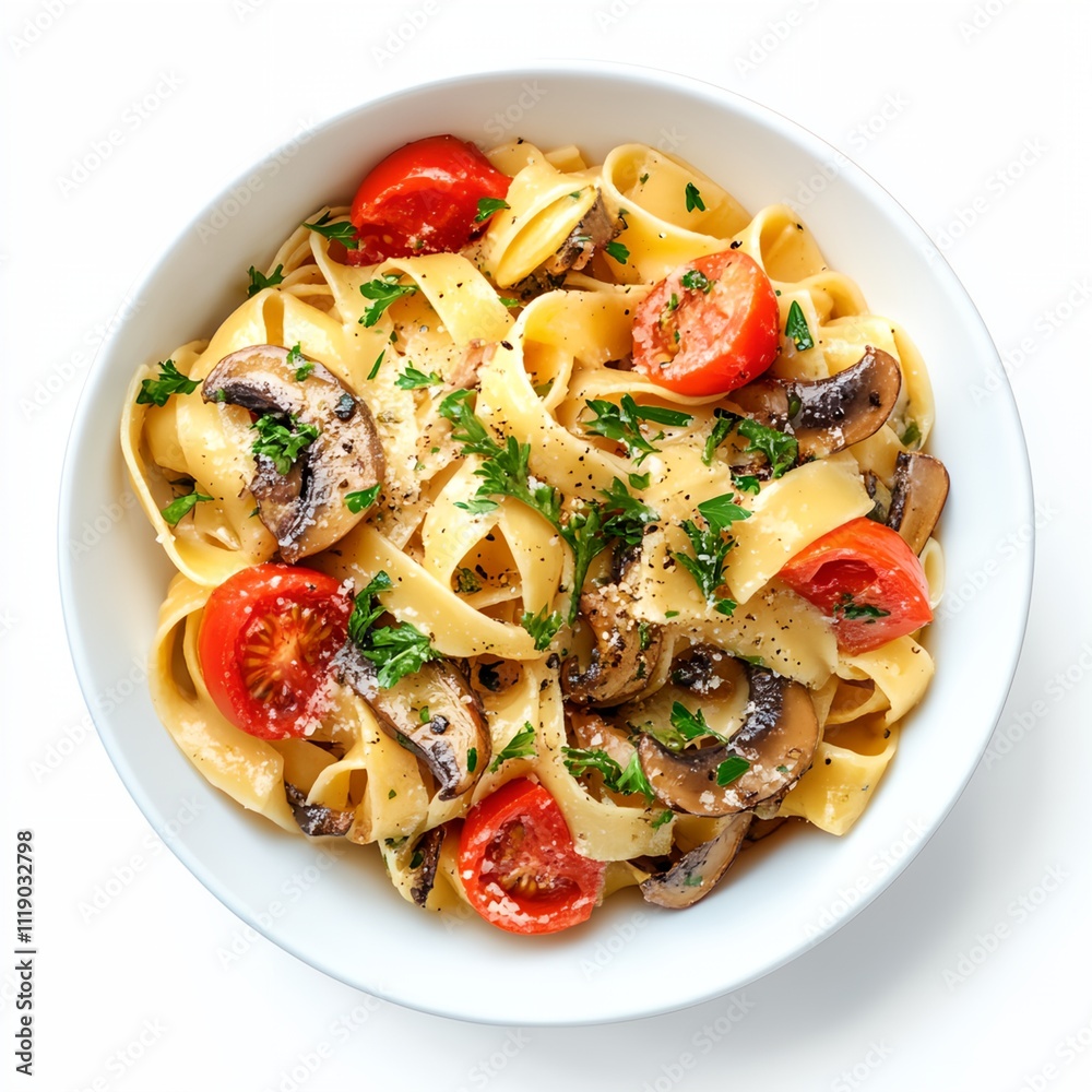 A bowl of pasta with mushrooms and tomatoes. The pasta is white and the mushrooms and tomatoes are red A bowl of pasta with mushrooms and tomatoes. The pasta is white and the mushrooms and tomatoes are red