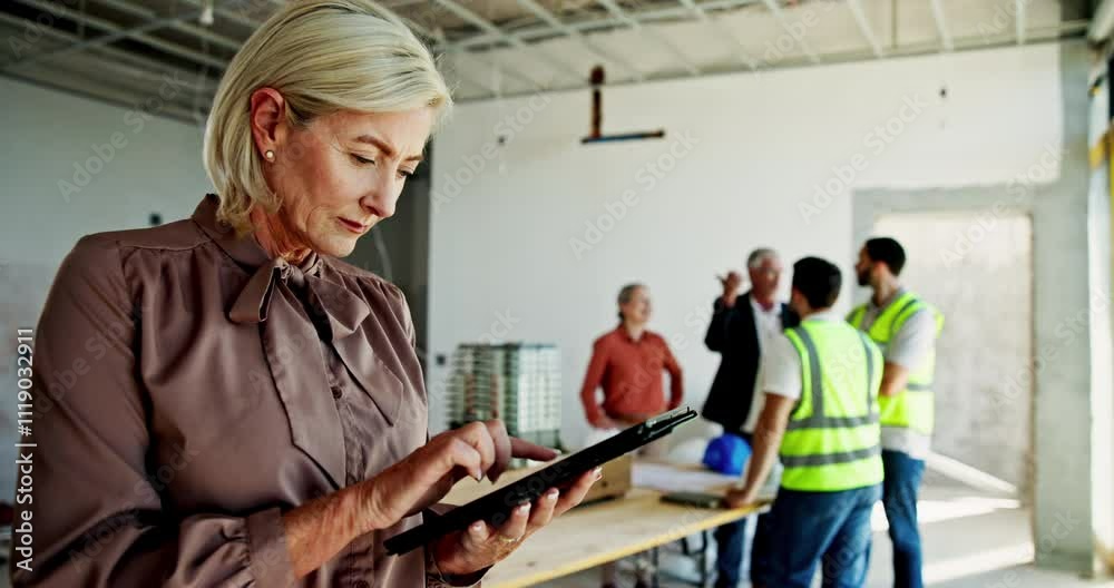 Architect, mature woman and tablet in building for online blueprint review, compliance check or project management. Interior design, digital checklist and site inspection for home renovation progress