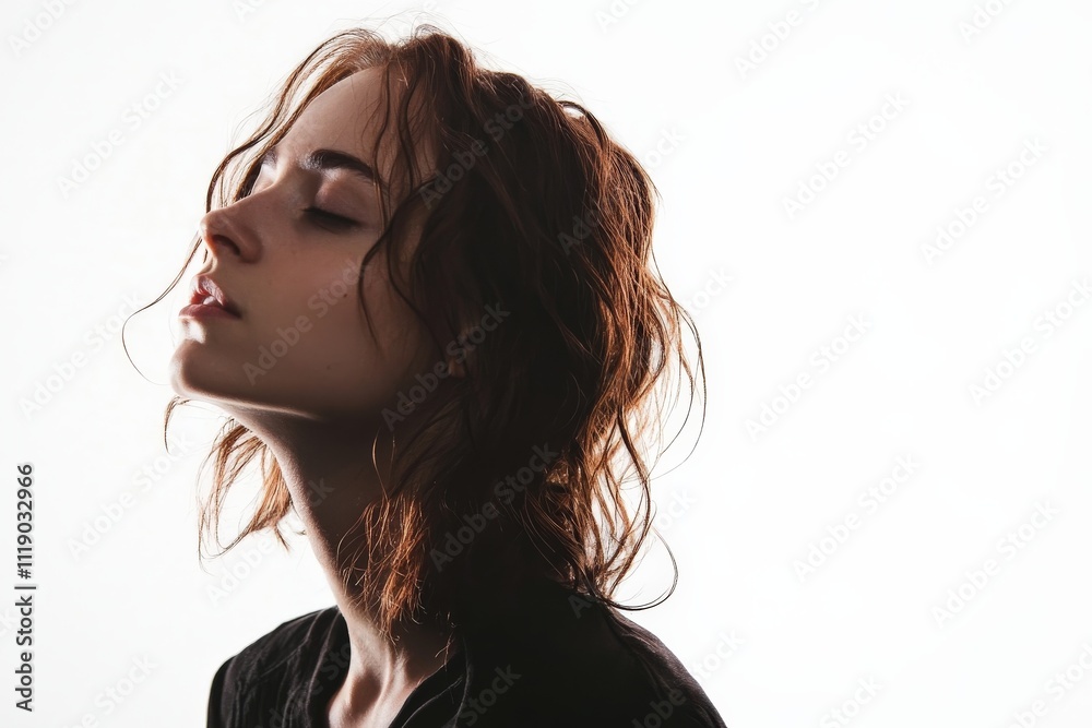 Elegant Profile of a Woman with Wavy Hair Against a Minimalist Background Elegant Profile of a Woman with Wavy Hair Against a Minimalist Background