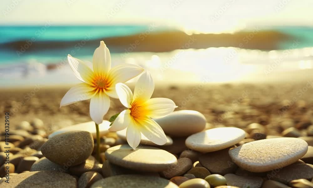 Pierres et galets blancs zen et fleur de frangipanier sur fond de mer et plage tropicale de sable blanc