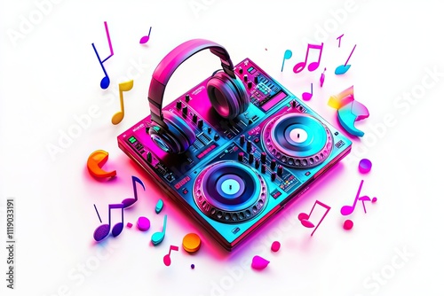 A 3D icon of a DJ portrait with turntables headphones and music notes in a vibrant neon theme on a white background photo