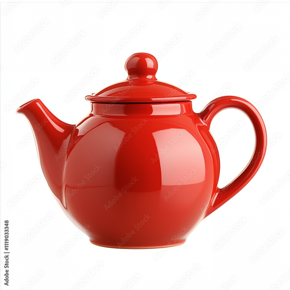Fototapeta premium A red tea kettle with a red lid sits on a white background. The kettle is made of ceramic and has a round shape