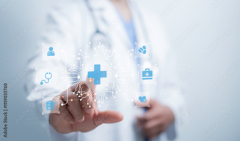 Doctor interacts with a glowing digital medical cross, showcasing advanced technology and healthcare solutions for patient care Doctor interacts with a glowing digital medical cross, showcasing advanced technology and healthcare solutions for patient care