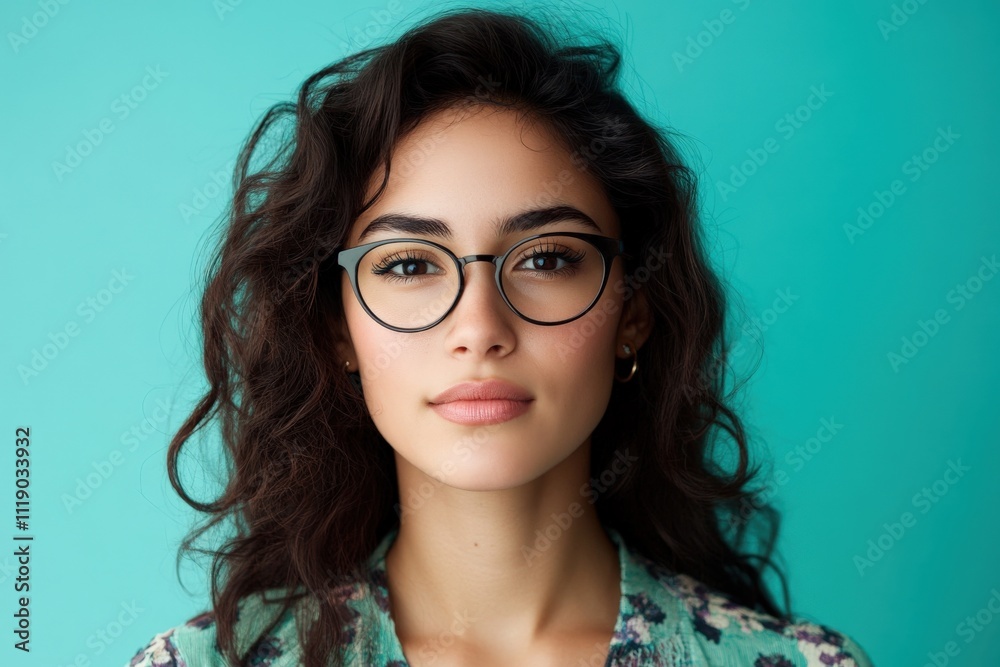 Portrait of a Young Woman with Glasses Against a Vibrant Turquoise Background Portrait of a Young Woman with Glasses Against a Vibrant Turquoise Background