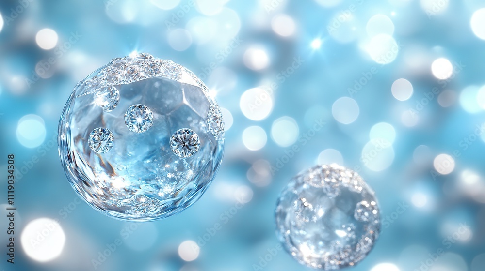 White transparent bubbles with diamonds inside float in a dreamy light blue background