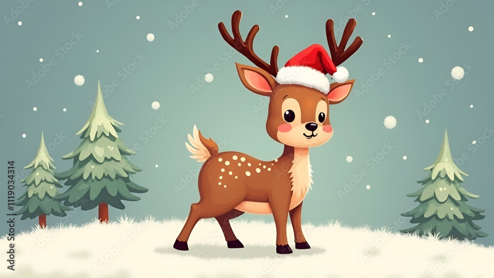 Fototapeta premium christmas reindeer with ribbon reindeer with christmas tree and snowflakes december merry deer animation cartoon gift background santaclause 