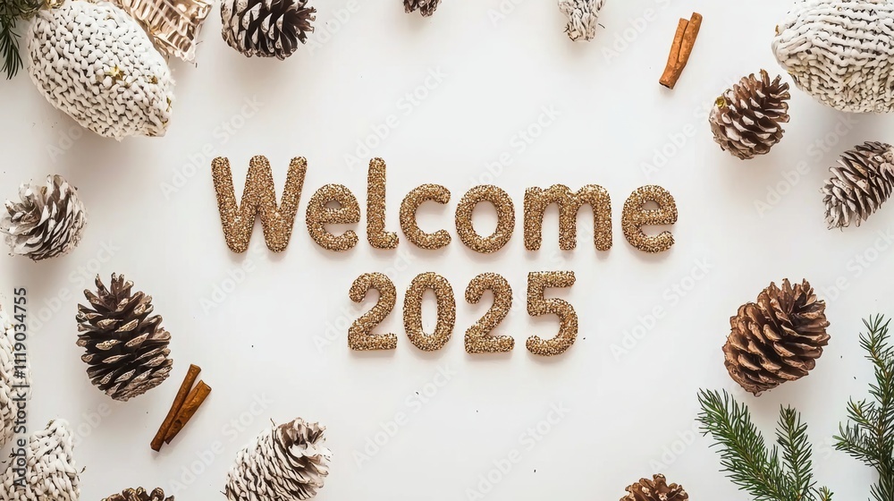 Fototapeta premium Welcome 2025 celebration with pine cones and cinnamon sticks cozy home environment festive vibe