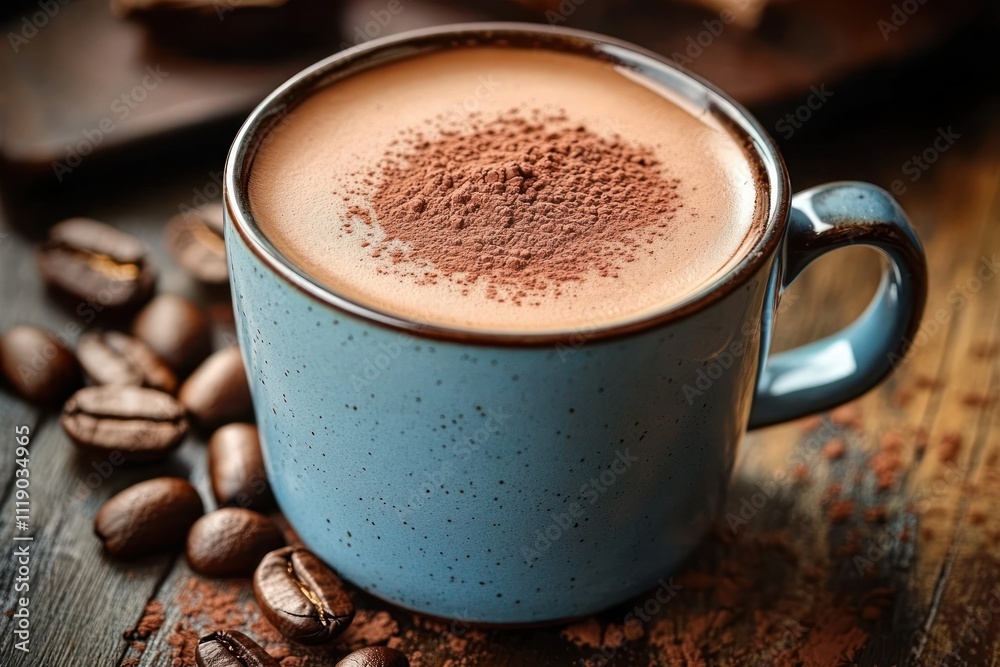 blue coffee cup with hot cocoa powder on wooden table with spoon blue coffee cup with hot cocoa powder on wooden table with spoon