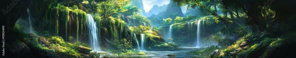 Lush Green Waterfall Cascading Down Rocky Cliffs Lush Green Waterfall Cascading Down Rocky Cliffs